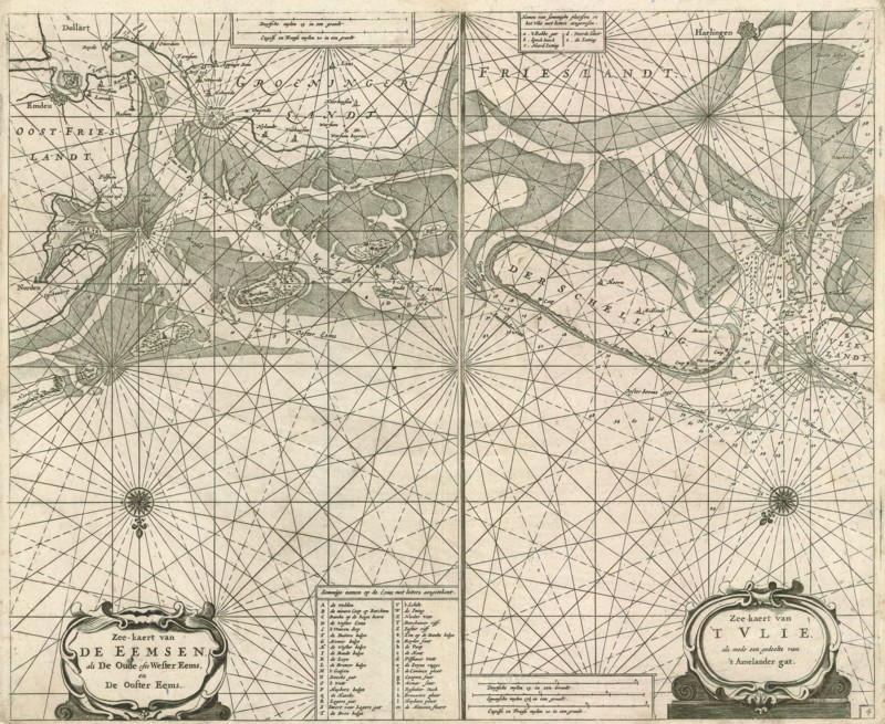Map, Zee-kaert vande Eemsen, als de oude ofte Wester Eems en de Ooster Eems, Copperplate print