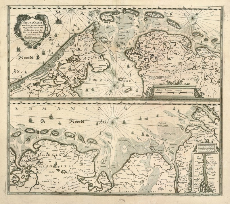 Map, Nieuwe caerte waerinne vertoont wordt de gantsche vaert van Amsterdam over de Watten tot de stadt Hamborch toe, Henricus Hondius (1597-1651), Copperplate print