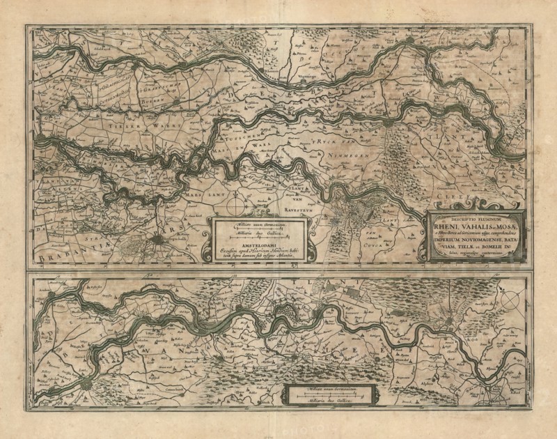 Map, Descriptio fluminum Rheni, Vahalis et Mosae a Rheno Berca ad Goricomium usque, comprehendens imperium Noviomagense, Bataviam, Tielae et Bomelii insulas, regionesque conterminas, Copperplate print