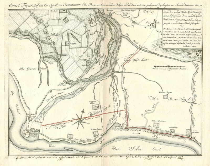 Map, Caart figuratif van het Spyck, en Ossewaart de rivieren boven, en needer Rhyn, met de daar ontrent geleegene dyckagien en soomer dammen etc., Wilhelm Leenen (c. 1690-1764), Copperplate print