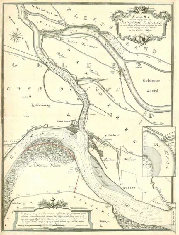 Map, Kaart van den ingang van het Panderse canaal, en van de rivier de Waal, boven en beneden het zelve, met de ontlozing van het canaal in den Neder Rhyn, Melchior Bolstra (1704-1779), Copperplate print