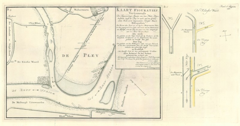 Map, Kaart figuratief vertoonende de tegenwoordige situatie van den Neder Rhyn, loopende langs de Pley, de mond van den Gelderschen Yssel, en de zogenaamde Kleefse Waard ... alles relatief tot het verbaal gedateert den 29 april 1761, Fred.k Beijerinck (1766-1838), Copperplate print