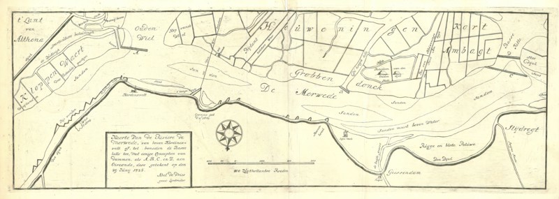Map, Kaerte van de Riviere de Merwede, van boven Hardincxvelt af, tot beneden de Basse kille toe, met eenige concepten van dammen, als A, B, C en D aen oirconde, dese getekent op den 29 Jun? 1726, Abel de Vries (1652-1732), Copperplate print