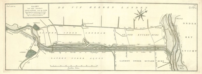 Map, Kaart tot het project ontlasting van de Lek boven langs den Diefdyk tot in de Linge waar op een gemeeten kaart volgt langs de Linge tot in de Merwe, Melchior Bolstra (1704-1779), Copperplate print