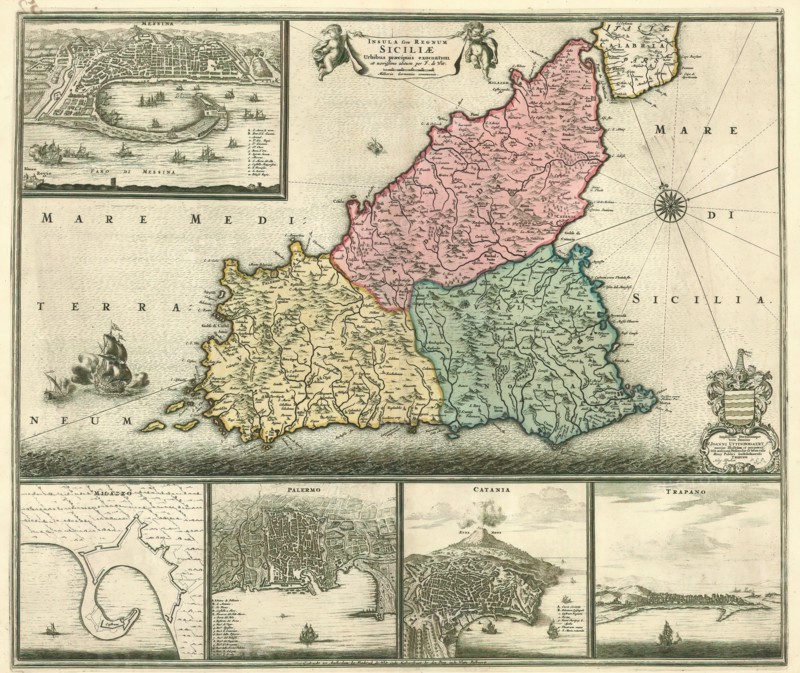 Map, Insula sive regnum Siciliæ, Frederick de Wit (1630-1706), Copperplate print