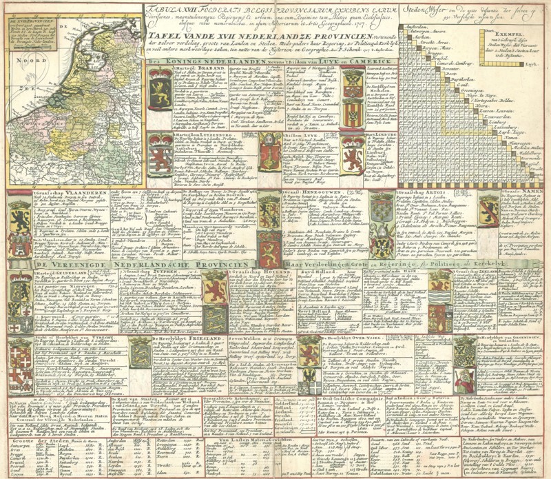 Map, Tabula XVII foederati Belgii provinciarum exhibens earum divisiones, magnitudinemque regionum et urbium, una cum regimine tam politico quam ecclesiastico, alusque aliisque rebus memorabilibus in usum historiarum et artis geographicae, 1707 =, Petrus Schenk (1660-1718/9), Copperplate print