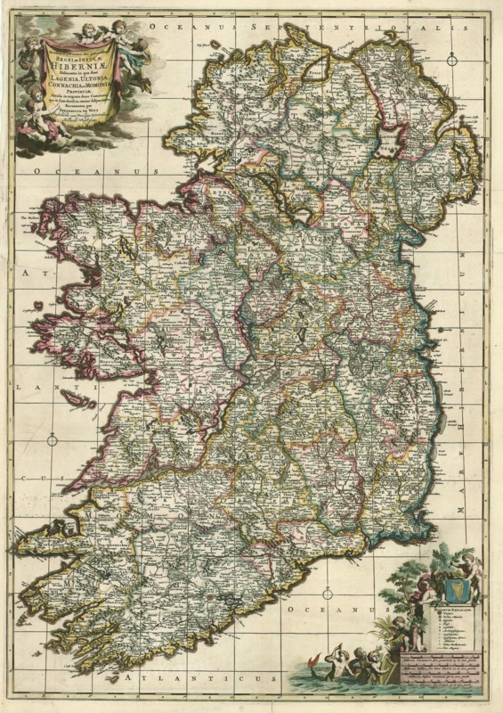Map, Novissima ac prae caeteris aliis accuratissima Regni et Insulae Hiberniae delineatio, in qua sunt Lagenia, Ultonia, Connachia, et Momonia provinciae, divisae in triginta duos comitatus qui et sunt divisi in omnes subjacentes baronnatus, Frederick de Wit (1630-1706), Copperplate print