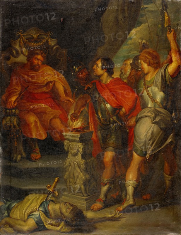 Mucius Scaevola in front of Porsenna, oil on canvas, 51.5 x 39.5 cm, signed on the reverse, top left: N ° 112, JRHuber pinxit [JRH ligated], Johann Rudolf Huber d. Ä., Basel 1668–1748 Basel, Peter Paul Rubens, (Kopie nach / copy after), Siegen 1577–1640 Antwerpen