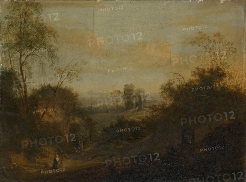 Landscape with Ruins and Staffage, Oil on Oak, 38 x 50.5 cm, Unmarked, Französischer Meister, 18. Jh.