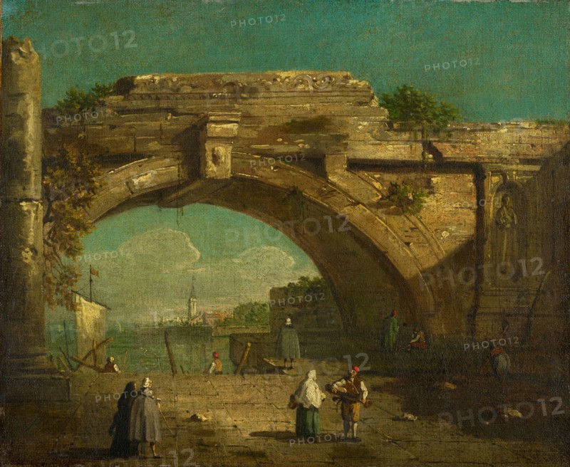 Capriccio with arch of ruins and mooring, oil on canvas, 34.6 x 42.3 cm, unmarked, Giovanni Antonio Canal gen. Canaletto, (Umkreis / circle), Venedig 1697–1768 Venedig