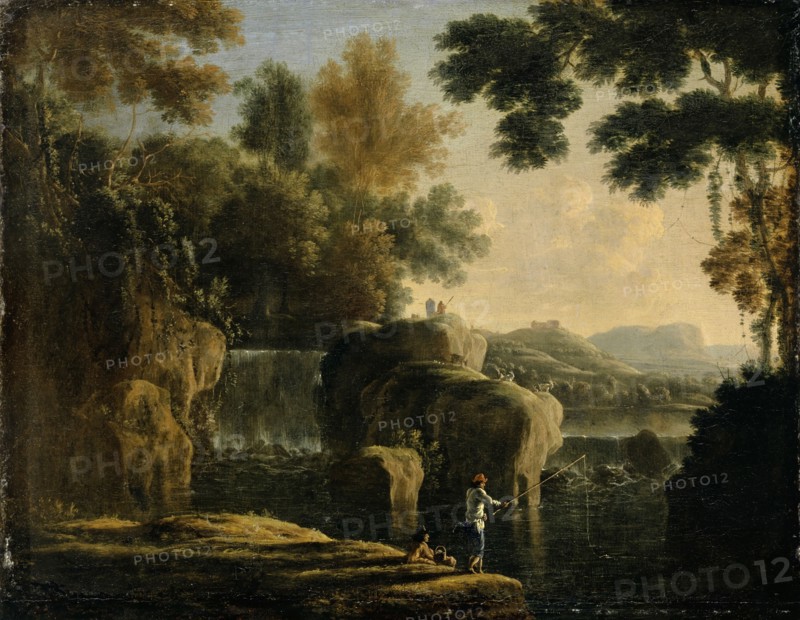 Waterfall with fishermen, oil on canvas, 38 x 47 cm, unsigned, Herman van Swanevelt, (?), Woerden 1603–1655 Paris
