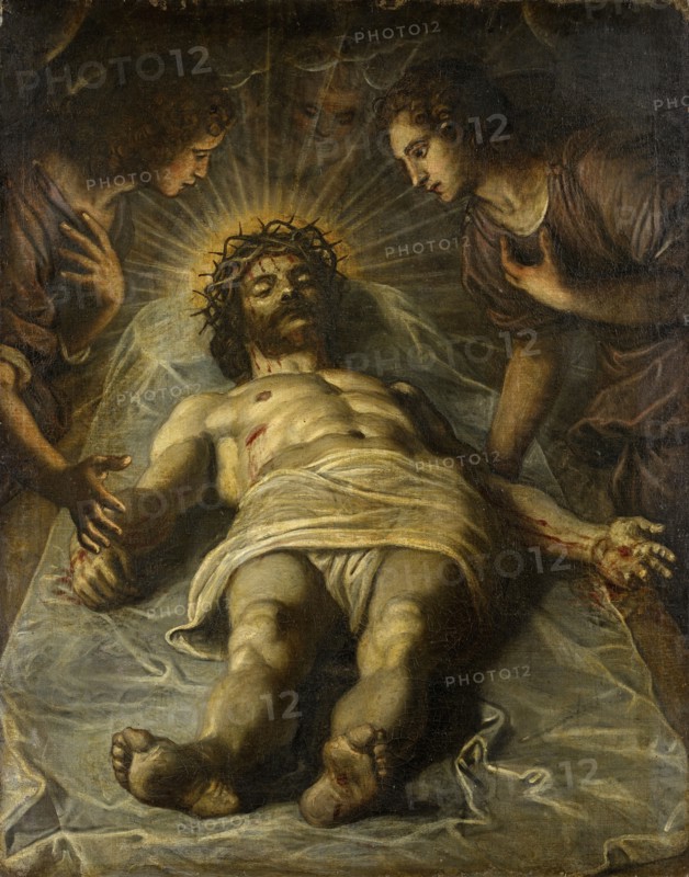 The body of Christ is lamented by two angels, oil on canvas, 126.5 x 98.5 cm, unmarked, Jacopo Tintoretto, eigentl. Robusti, (Umkreis (?) / circle (?)), Venedig 1519–1594 Venedig