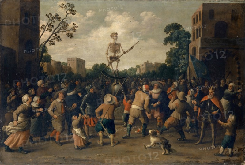 The battle against death, 1625, oil on canvas, 69 x 102 cm, Signed and dated above right above the archway: Joost Cornelisz Drooch Sloot f [?] • 1625 • Above the inscription: TER WERELT OOCK NIEMANT EN LEEF, THE TEGEN, DE DOOT GEEN STRYT ET HEEF, Joost Cornelisz. Droochsloot, Utrecht? 1586–1666 Utrecht