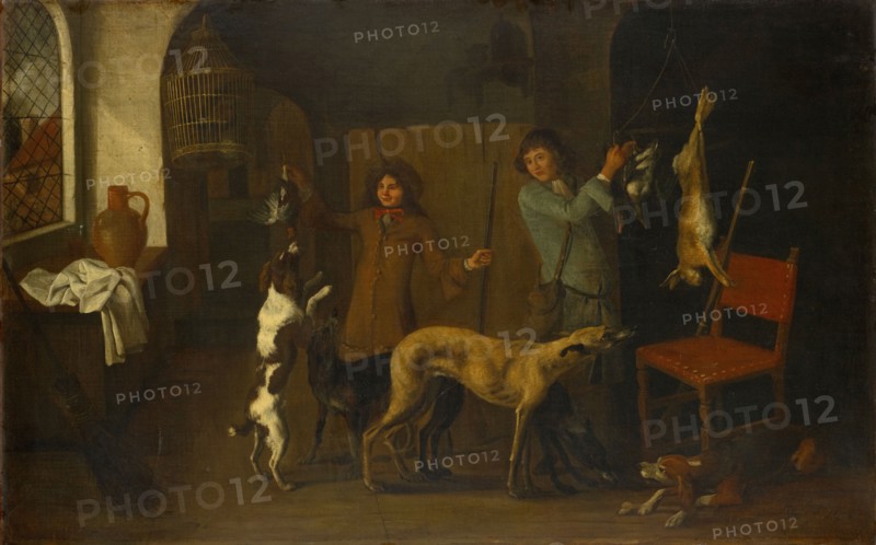 Interior with hunters and dogs, 1671, oil on canvas, 69 x 108.5 cm, monogrammed and dated lower right: JDC [ligated] f 1671, Jacques Adolphsz. de Claeuw (gen. Grief), Dordrecht 1623 – nach 1694 Leiden