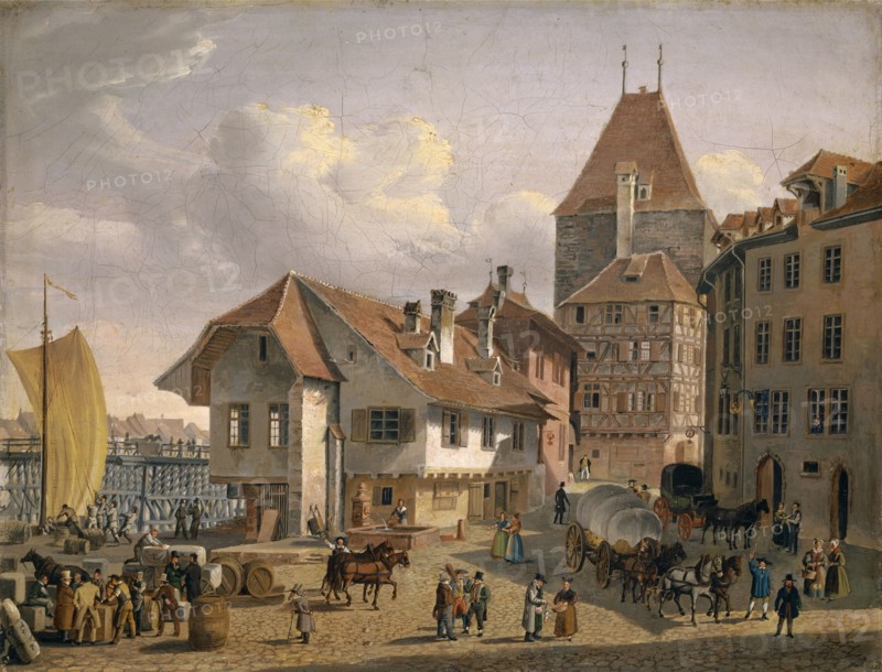 The Schifflände in Basel, around 1840 (?), Oil on canvas, 31 x 40.5 cm, signed lower left: GUISE, Konstantin Guise, Kassel 1811–1858 Basel