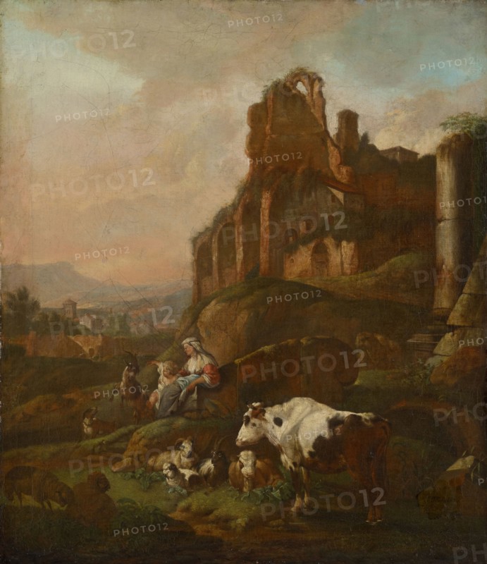 Shepherdess and flock at ancient ruins, 1667, oil on canvas, 75 x 65 cm, signed and dated on the front of the frame on the right edge of the picture: JHRoos [JHR ligiert] f.1667, Johann Heinrich Roos, Otterberg 1631–1685 Frankfurt a. M.