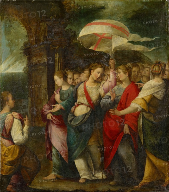 The hl., Ursula with her companions, oil on canvas, 87 x 77 cm, unmarked, Deutscher Meister, 16. Jh.