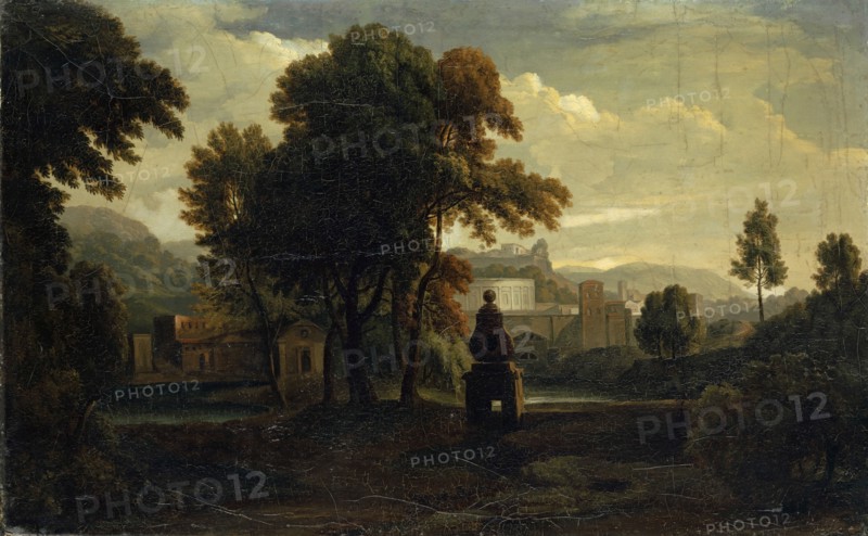 Ideal Italian landscape with a weir, oil on canvas, 68 x 110 cm, not specified, Französischer Meister, 18. Jh.