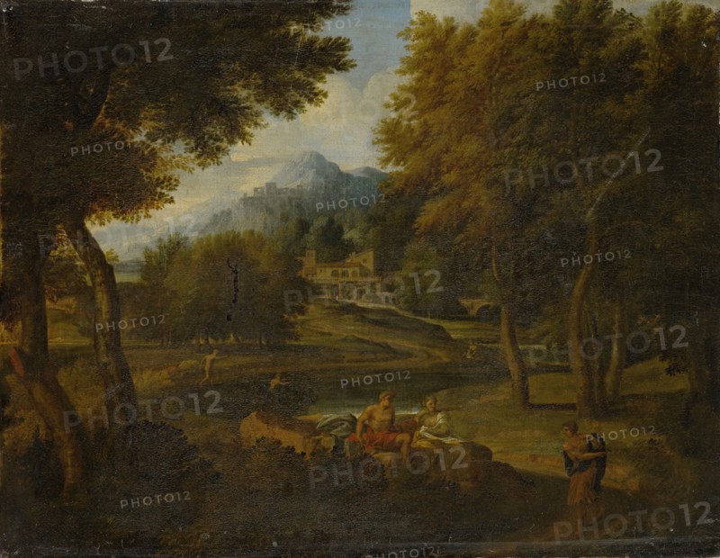 Landscape with bathers, oil on canvas, 62 x 81 cm, unmarked, Gaspard Dughet (Gaspard Poussin), (Umkreis / circle), Rom 1615–1675 Rom