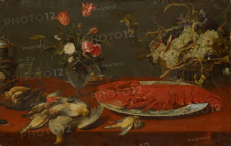 Still life with lobster and dead birds, oil on panel, transferred to canvas, 67 x 105 cm, not specified, Samuel Hofmann, (zugeschrieben / attributed to), Sax/St. Gallen um 1595–1649 Frankfurt a. M.