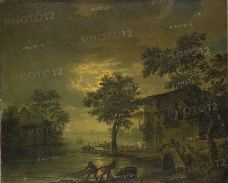 River landscape with fishermen by moonlight, oil on canvas, 58 x 71 cm, not indicated, Jean François Huë, St. Arnoult-en-Yvelines 1751–1823 Paris
