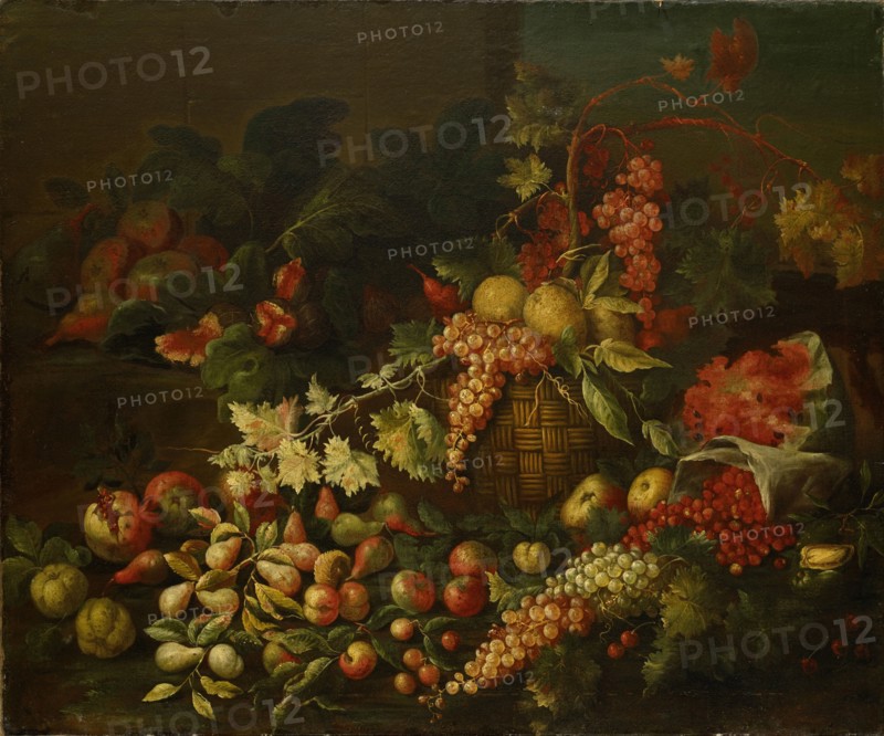 Still Life with Fruit Basket and Fruits in front of a Wall, Oil on Canvas, 94.5 x 114.5 cm, Not Specified, Giuseppe Ruoppolo, (zugeschrieben / attributed to), Neapel um 1631/39–1710 Neapel