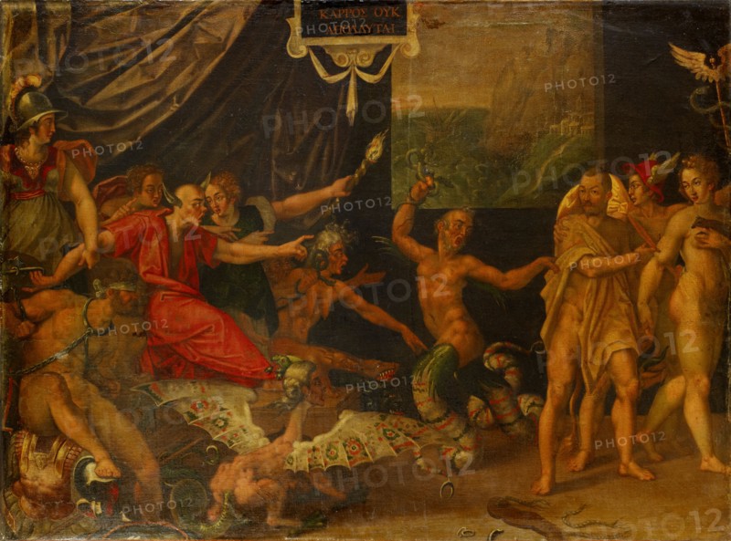 The slander of Apelles, c. 1600-1610, mixed media on canvas, 124 x 168 cm, unmarked., Inscription in Greek letters in blackboard at the top: KARROS OUK APOLLYTAI., Hans Bock d. Ä., Zabern/Elsass um 1550/52–1624 Basel