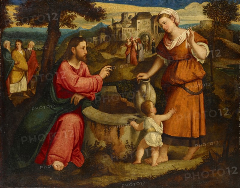 Jesus and the Samaritan woman at the Jakobbrunnen near Sichar, oil on canvas, 99 x 126.5 cm, unmarked, Bonifacio de' Pitati (Bonifacio Veronese), (?), Verona 1487–1553 Venedig