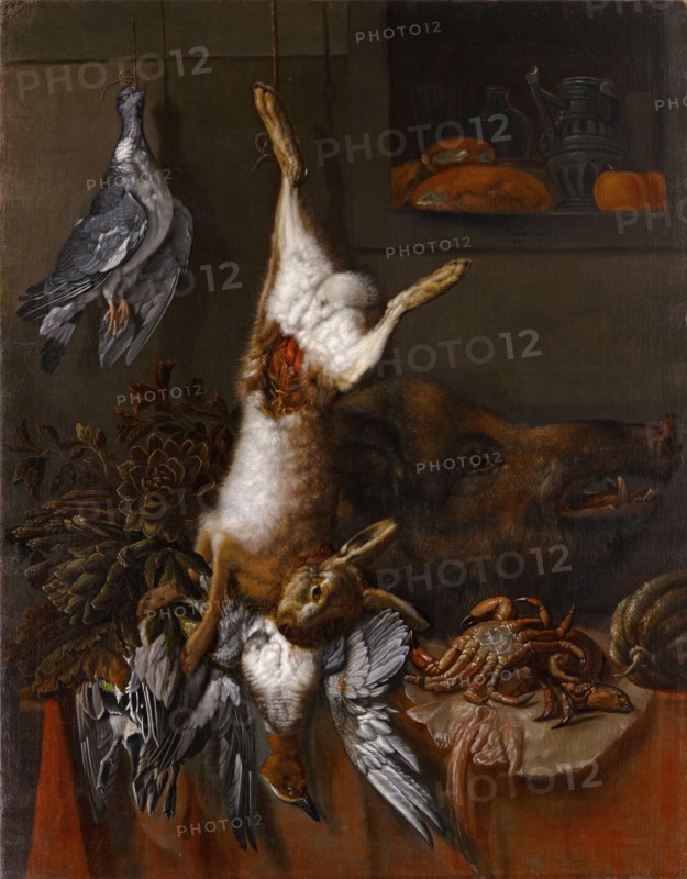 Hunting Still Life with Rabbit, 1684, oil on canvas, 142 x 112 cm, inscribed and dated right on the ledge: Henr., stravius, i 6 8 4, Hinrich Stravius, um 1640–1690 Hamburg