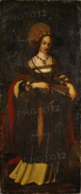 The hl., Ursula, oil on canvas, 93.5 x 40 cm, unmarked, Venus-Maler (Werkstattmitarbeiter bei Hans Holbein d. J.), (Kopie nach / copy after), tätig in Basel um 1525