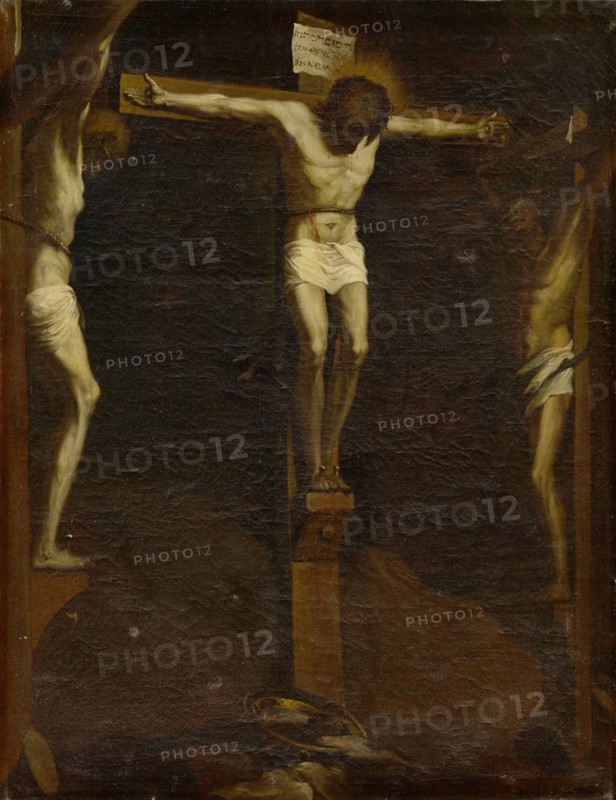 Crucifixion of Christ, 1718, oil on canvas, 123 x 93 cm, unmarked., Trilingual crosstitulus as example, Nikolaus Bernoulli d. J., Basel 1687–1769 Basel, Hans Holbein d. J., (Kopie nach / copy after), Augsburg um 1497/98–1543 London