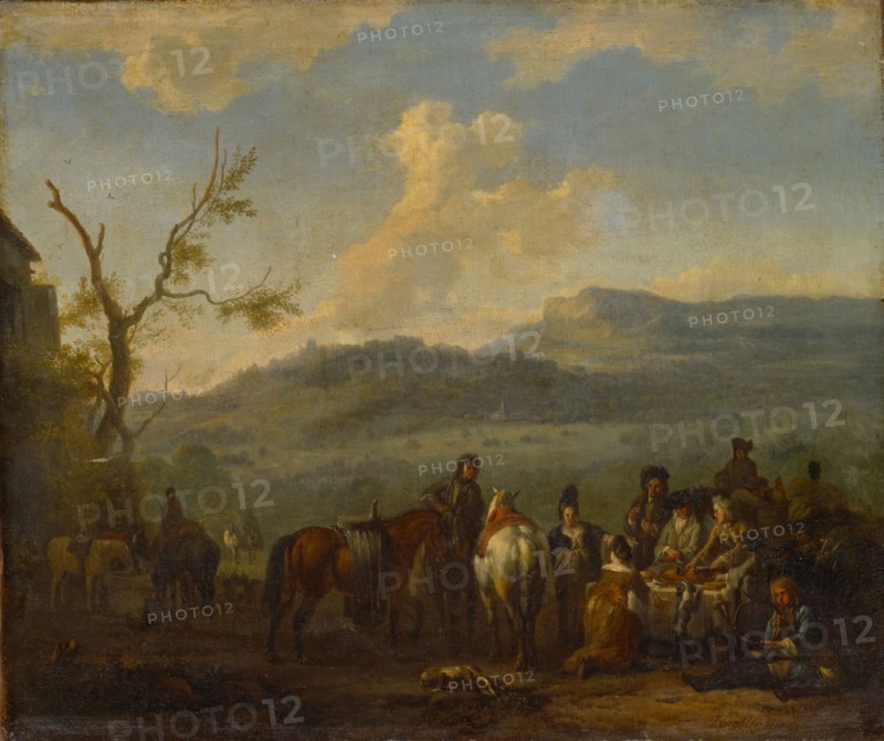 Gentle hunting party at picnic, oil on canvas, 33.5 x 39.5 cm, signed lower right: JHughtenburgh [J and H ligated], Jan van Huchtenburg, Haarlem 1646–1733 Amsterdam