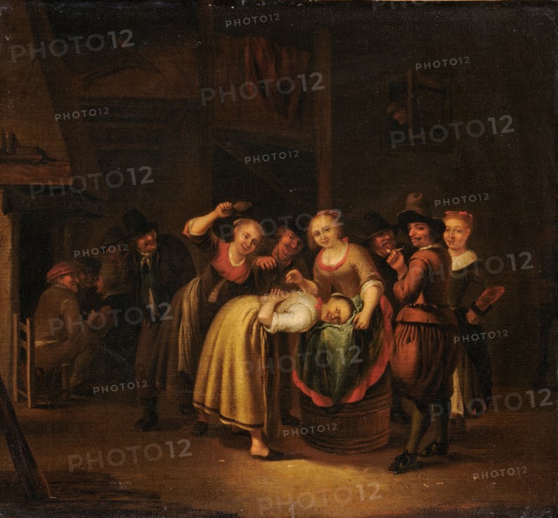 Slipper game in a tavern, oil on canvas, 39 x 36 cm, Signed on the floor below the main character: g., Lundens, Gerrit Lundens, Amsterdam 1622 – 1686 Amsterdam