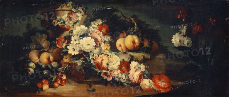 Stone vase with flowers and fruits, oil on canvas, 47 x 109 cm, unmarked, Niederländischer Meister, 18. Jh.