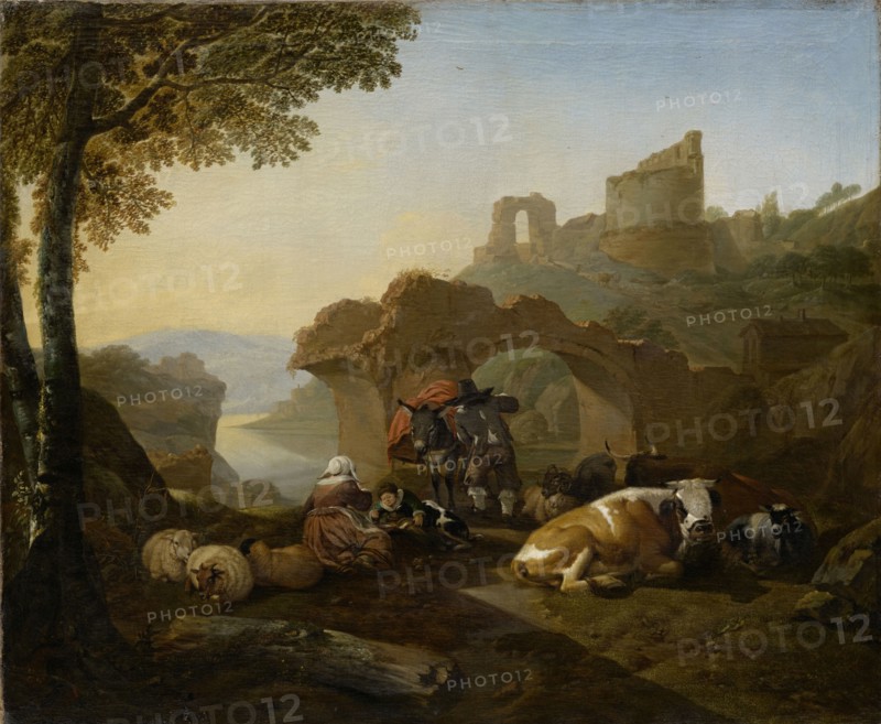 Resting shepherds, 1660, oil on canvas, 67.5 x 82 cm, signed and dated left on the lying tree trunk in the foreground: JHRoos [JHR ligiert]., fecit., i660, Johann Heinrich Roos, Otterberg 1631–1685 Frankfurt a. M.