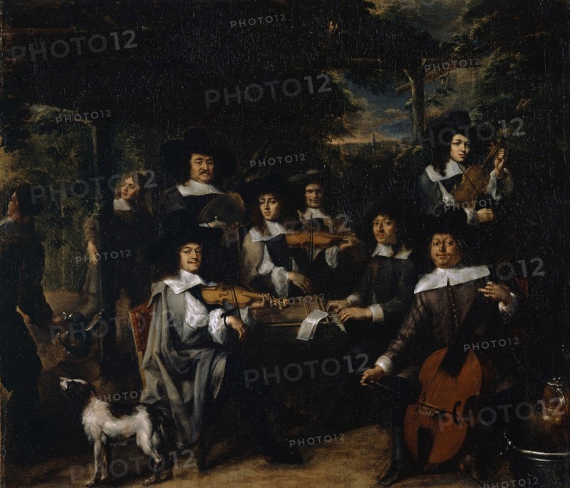 Concert in a gazebo, mid-17th century, oil on canvas, 67.5 x 79 cm, signed and dated lower right on the vessel, not completely legible: J. van Rint [el]., fe, ., 5, 9 [?], J. van Rintel, 17. Jh.