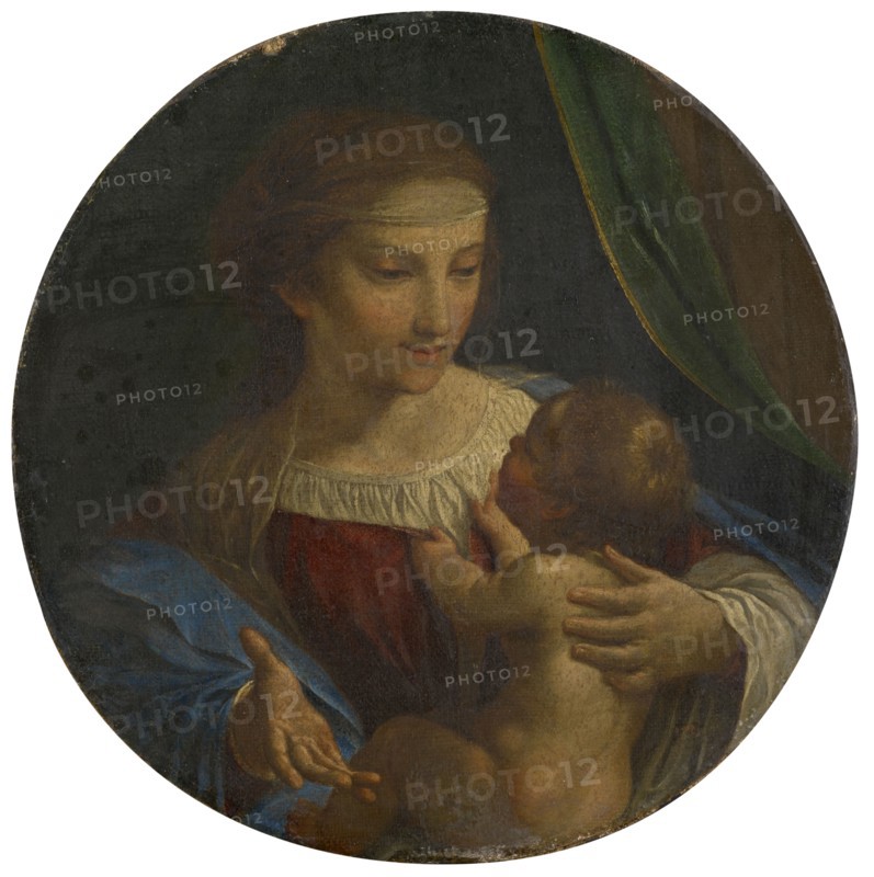Madonna and Child, oil on canvas, diameter: 36 cm, not specified, Angelo Caroselli, Rom 1585–1652 Rom