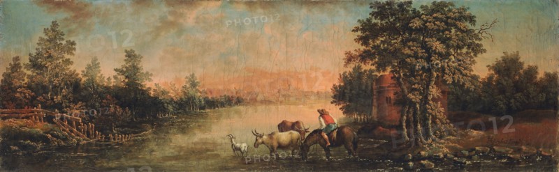 Evening landscape, oil on canvas, 34 x 107 cm, signed lower right: FFeijerabend Pinxit [FF ligiert], Franz Feyerabend, Basel 1755–1800 Basel