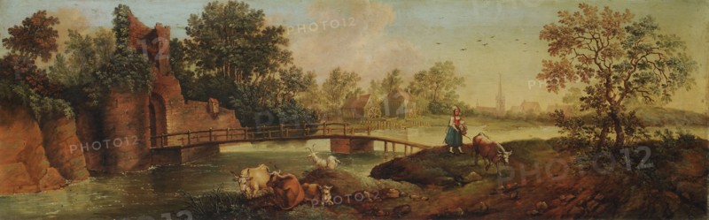Morgenlandschaft, oil on canvas, 33 x 106 cm, signed lower right: FFeijerabend, Pinxit., [FF ligated], Franz Feyerabend, Basel 1755–1800 Basel