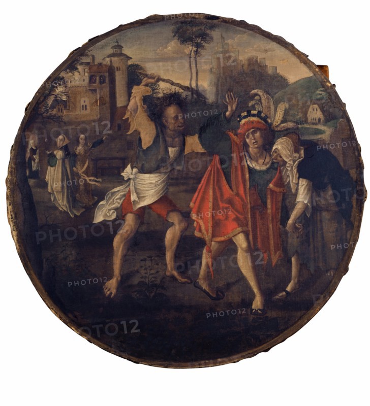 The prodigal son is expelled from the brothel house, around 1520, tempera unvarnished on unprimed canvas (handkerchief painting), 80 x 80.4 cm round, not marked, Niederländischer Meister, 16. Jh.