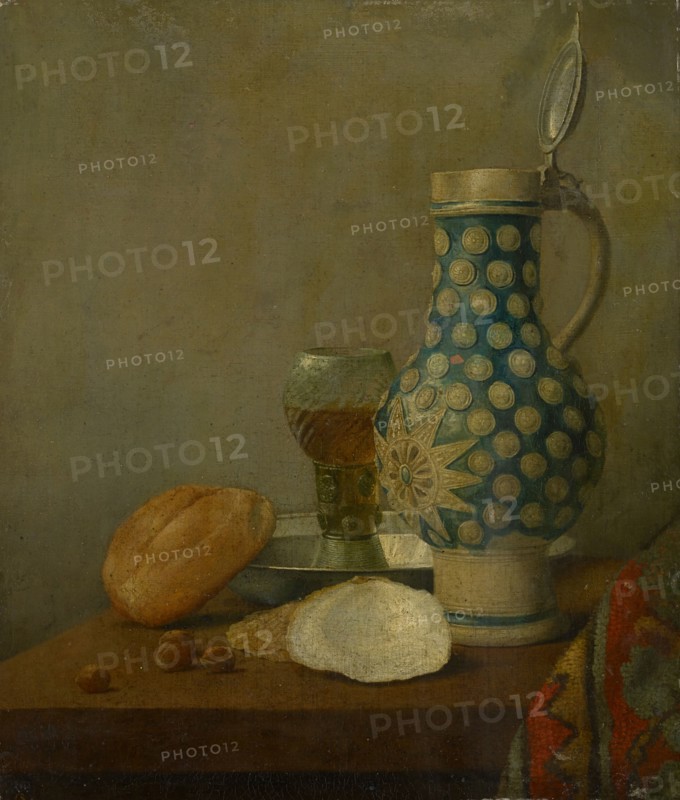 Still life with jug and glass, oil on canvas, 45 x 36.5 cm, remains of a signature in red on the far left of the front edge of the table: ... H, Niederländischer Meister, 17. Jh., (Kopie (?) / copy (?))