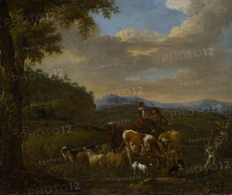 Shepherds with cows, sheep and goats, oil on canvas, 57.5 x 68 cm, bottom right of the log below the dog: Ducq, Johan le Ducq, Den Haag 1629/30–1676/77 Den Haag
