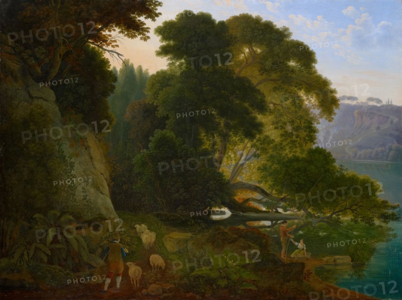 On Lago di Nemi, probably 1818, oil on canvas, 73.5 x 98 cm, monogrammed and dated lower left with red color: SB [ligatured] 1818 [1815?], Samuel Birmann, Basel 1793–1847 Basel