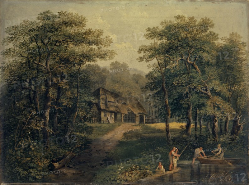 Farm on the water, oil on canvas, 35.5 x 47 cm, not marked, Conrad Gessner, Zürich 1764–1826 Zürich
