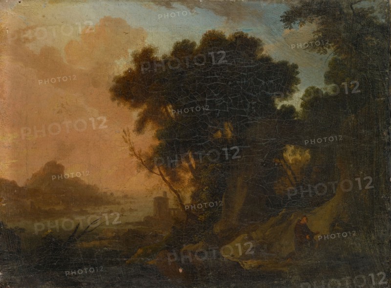 Landscape with a hermit, 1696, oil on canvas, 23 x 31 cm, Signed and dated on the rock in the foreground, slightly to the left of the center: AP [ligated] PATEL, 1696 [last digit hard to read], Pierre Antoine Patel, Paris 1648–1707 Paris
