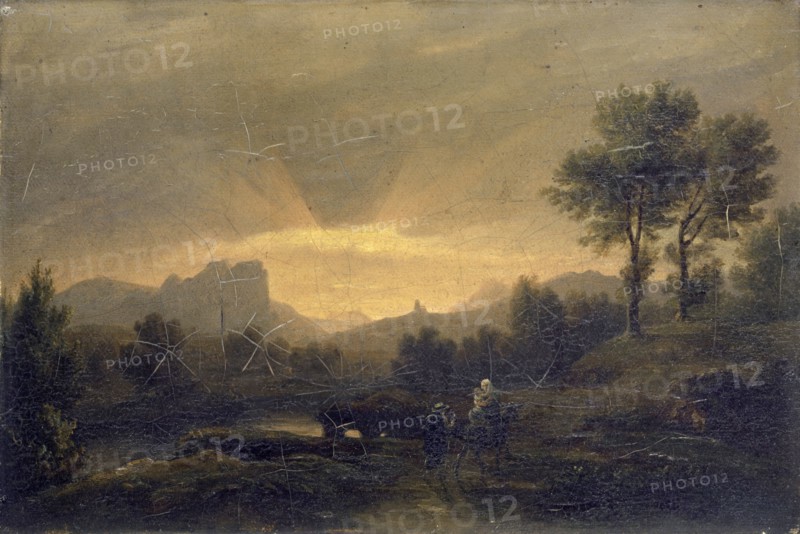 River Landscape with Escape to Egypt, oil on canvas, 21.5 x 32 cm, not marked, Jakob Christoph Miville, Basel 1786–1836 Basel