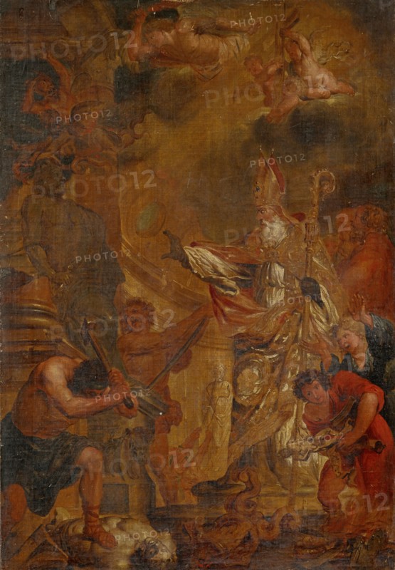 In the presence of a bishop, idols are destroyed, oil on canvas, 85 x 58.5 cm, unmarked, Venezianischer Meister, 18. Jh., (?)