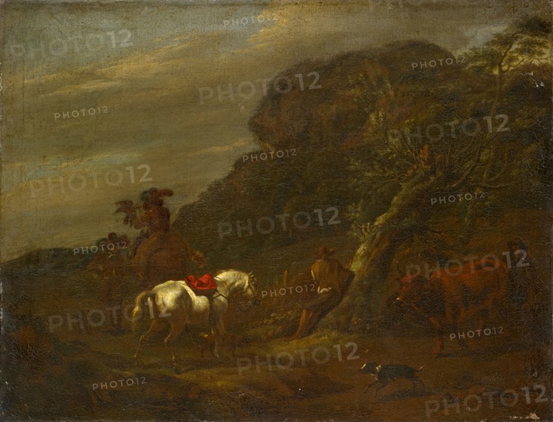 Landscape with hawk hunting, oil on canvas, 39.5 x 51 cm, not marked, Nicolaes (Claes Pietersz.) Berchem, (Kopie nach / copy after), Haarlem 1620–1683 Amsterdam