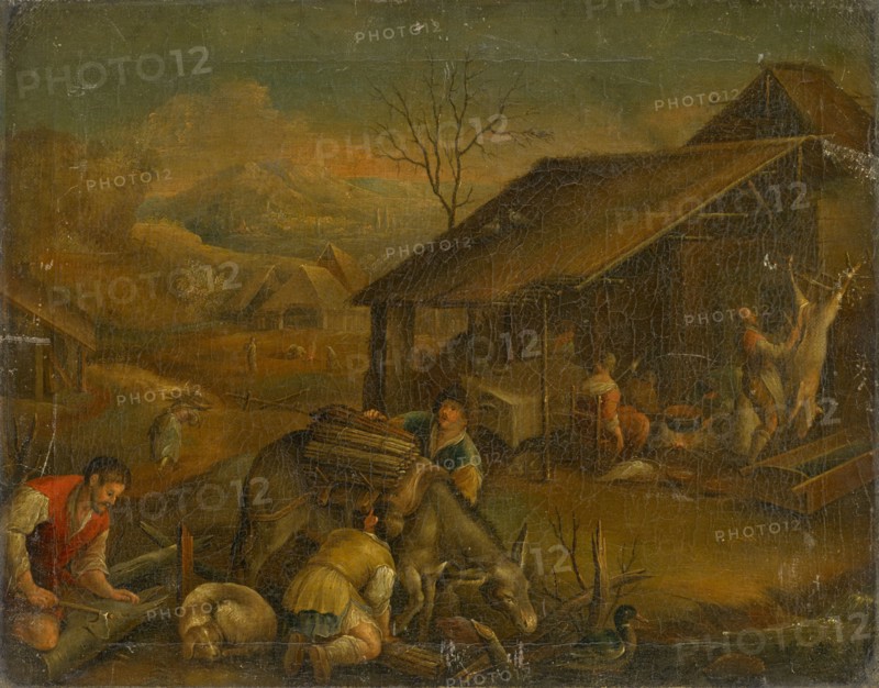 Slaughtering the Pig and Collecting Firewood: Seasonal Picture for the Winter or Monthly Picture for December, early 17th C., oil on canvas, 37 x 47 cm, unmarked, Niederländischer Meister, 17. Jh.