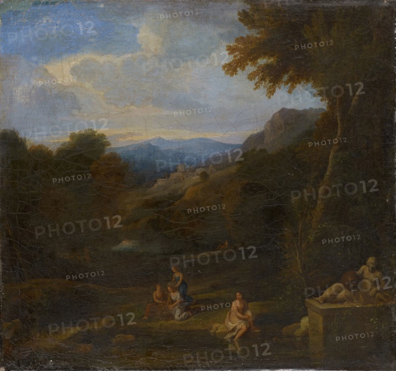 Landscape with river god and women, oil on canvas, 45 x 49 cm, not marked, Gaspard Dughet (Gaspard Poussin), (Umkreis / circle), Rom 1615–1675 Rom
